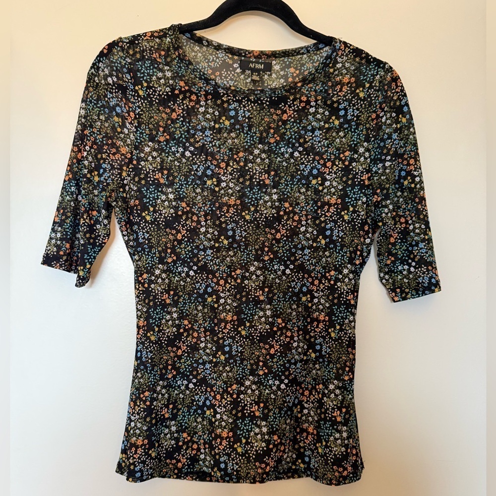 AFRM Black Short Sleeve Mesh Top with Floral Print in Size Small